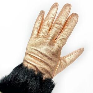 Rose Gold Leather Gloves With Plush Fur Cuffs Size 7
